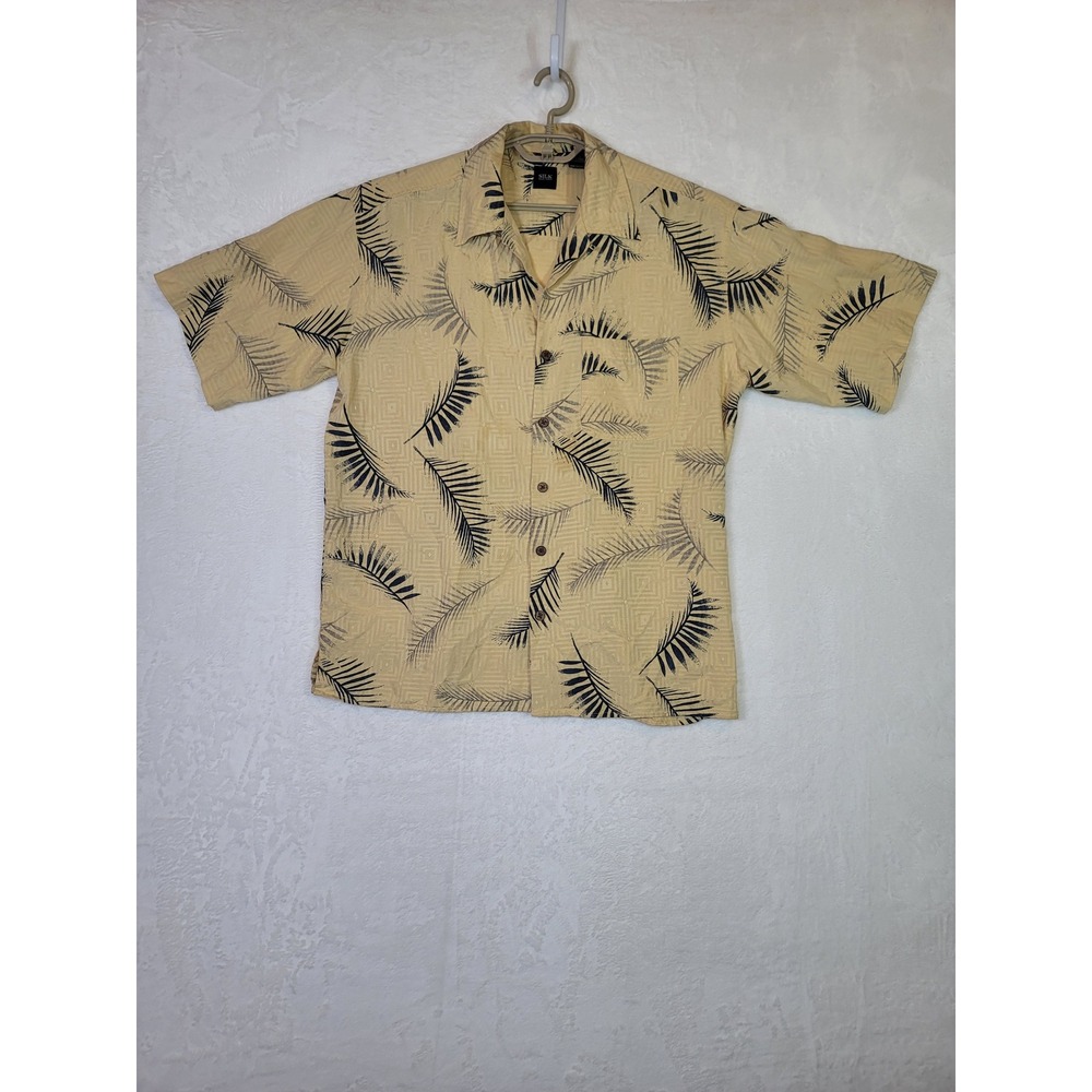 Silk Icon Yellow Silk Tropical Palm Leaf Top Camp Shirt Vaca Short Sleeve Size L